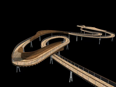 Elevated Curved Wooden Walkway With Metal Supports And Modern Design 3d model