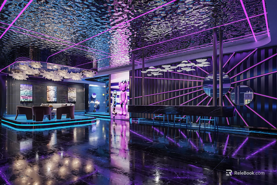 Modern Bar Interior Design With Purple Lighting Mirrored Ceiling Bar Counter And Seating 3d model 