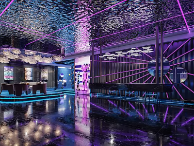 Modern Bar Interior Design With Purple Lighting Mirrored Ceiling Bar Counter And Seating 3d model