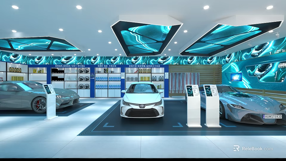 Car Dealership Showroom With New Cars Auto Parts Display Blue Wave Ceiling Information Kiosks 3d model 
