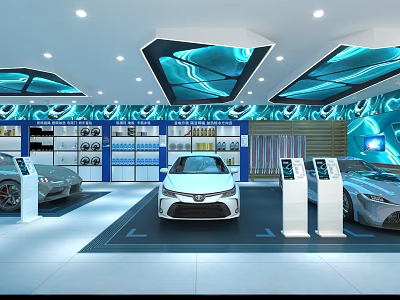 Car Dealership Showroom With New Cars Auto Parts Display Blue Wave Ceiling Information Kiosks 3d model