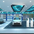 Car Dealership Showroom With New Cars Auto Parts Display Blue Wave Ceiling Information Kiosks
