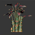 Cartoon Scene Colorful Plant Featuring Red Pink Leaves Green Stems Yellow Decorations On Black Background