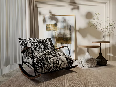 Black and White Patterned Rocking Chair in Modern Interior with Side Tables Plant and Art 3d model