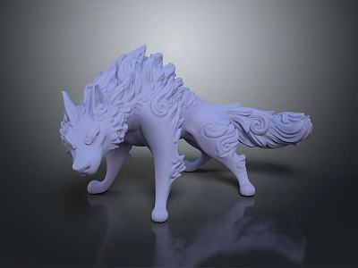 Mythical Wolf Fantasy Character 3D Sculpted Model With Detailed Fur And Tail Design 3d model