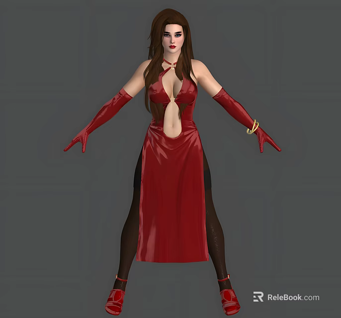 Woman in Red Dress With Deep Neckline Long Red Gloves Black Stockings And Red Shoes 3d model 