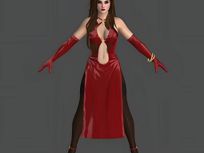 Woman in Red Dress With Deep Neckline Long Red Gloves Black Stockings And Red Shoes 3d model