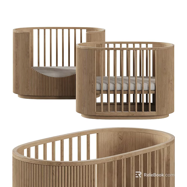 Modern Wooden Baby Crib Design Featuring Round Shape Railings And Soft Mattress 3d model 