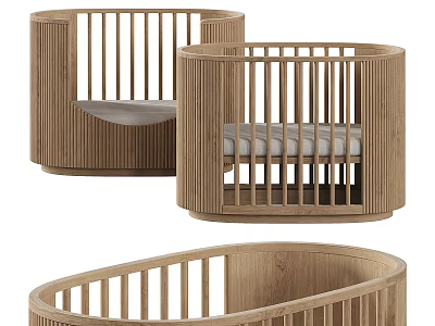Modern Wooden Baby Crib Design Featuring Round Shape Railings And Soft Mattress 3d model