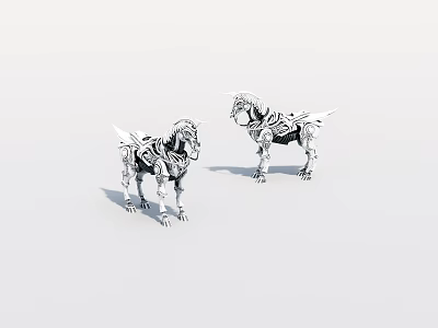 Silver Mechanical Horse Sculptures With Geometric Design And Modern Art Style 3d model