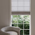 Light Gray Linen Window Curtains With Green Outdoor Plants And Indoor Chair