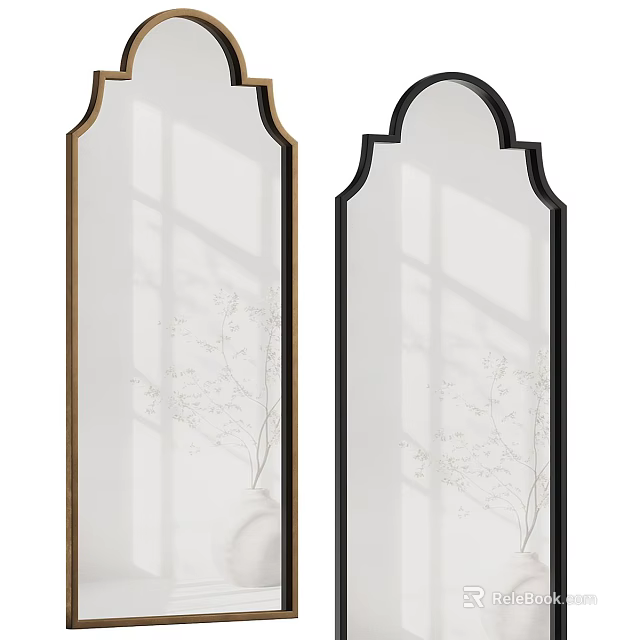 Arched Top Mirrors With Black And Gold Frames And Plant Reflections 3d model 
