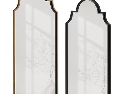 Arched Top Mirrors With Black And Gold Frames And Plant Reflections 3d model