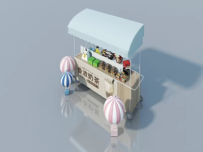 Swing Door Mobile Food Cart With Light Blue Awning And Taro Milk Tea 3d model