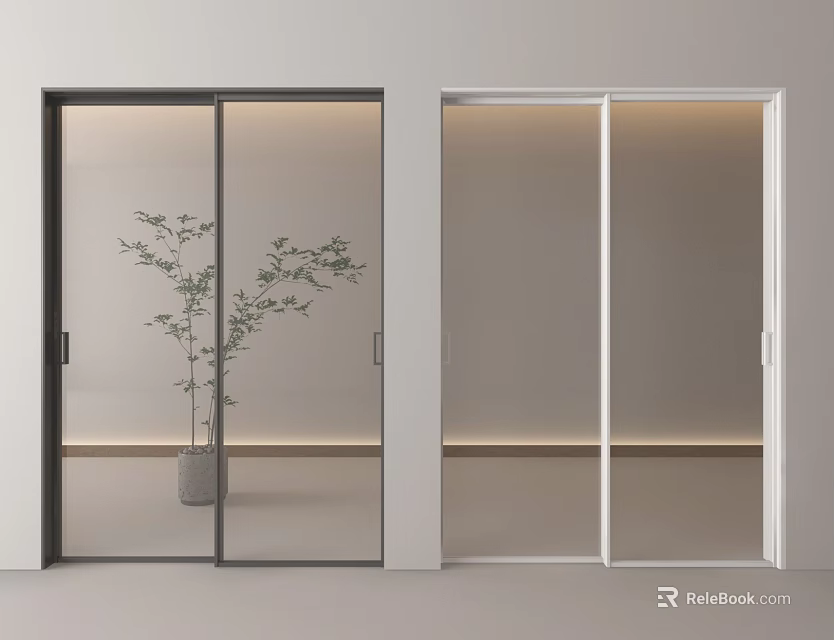 Modern Black And White Framed Double Glass Doors With Potted Plant In Interior 3d model 