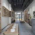 Modern Public Office Area With Wooden Bookshelves Long Table And Large Windows