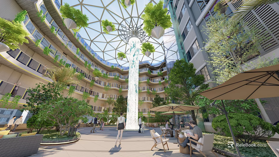 Modern Building Atrium Garden With Glass Dome Central Water Column Green Plants And Seating Areas 3d model 