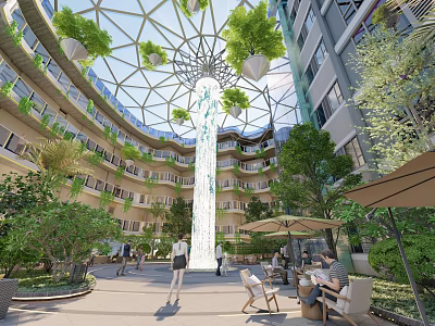 Modern Building Atrium Garden With Glass Dome Central Water Column Green Plants And Seating Areas 3d model