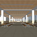 Spacious Dining Hall Interior With Wooden Ceiling White Columns Large Windows And Long Tables Benches