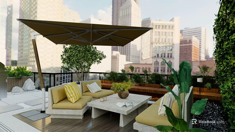Villa Balcony With Large Umbrella Cozy Sofa Green Plants And Urban City View 3d model 