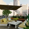 Villa Balcony With Large Umbrella Cozy Sofa Green Plants And Urban City View