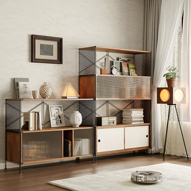 Modern Living Room Shelving Unit With Wooden Metal Frame Books Decorative Items And Potted Plant 3d model 
