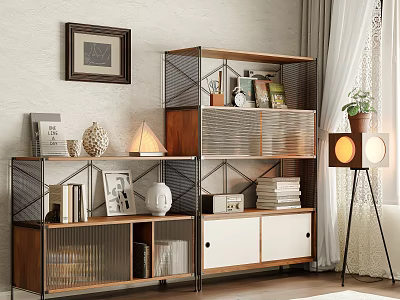 Modern Living Room Shelving Unit With Wooden Metal Frame Books Decorative Items And Potted Plant 3d model