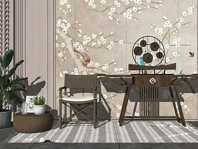 Oriental Console Table Interior Design With Plum Blossom Bird Wallpaper And Rattan Chair 3d model