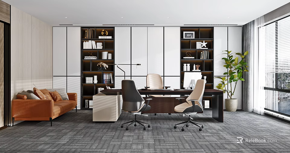 Modern Office Space Interior With Bookcases Sofa Chairs And Plant 3d model