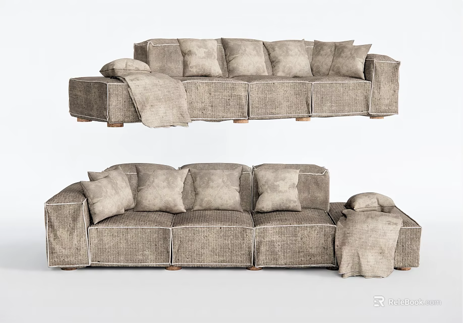 Gray Sectional Sofa With Textured Fabric Multiple Cushions And Throw Blanket 3d model