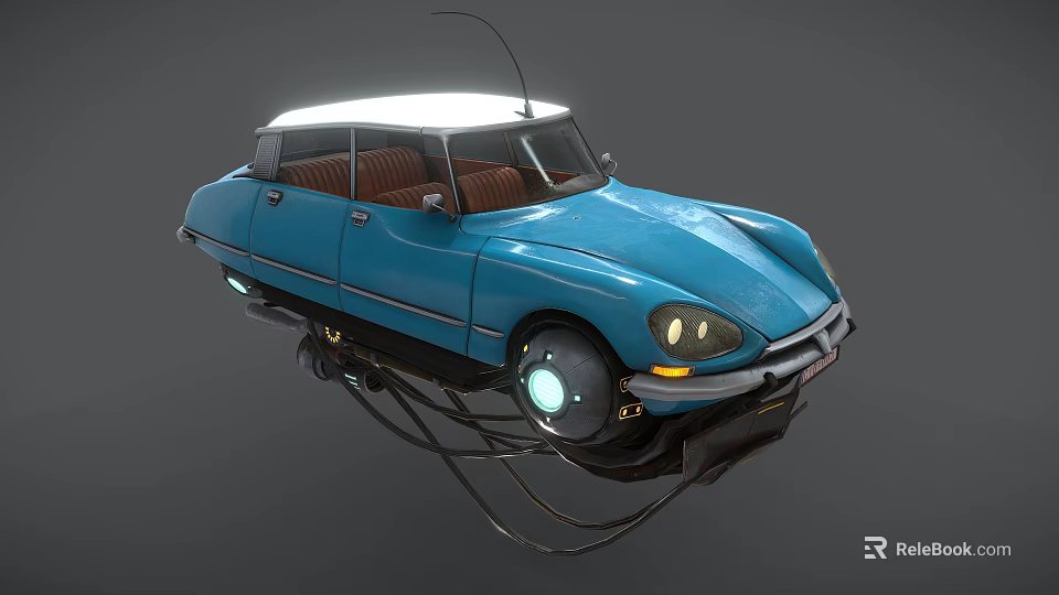 The Blue Floating Car with White Roof Brown Seats and Glowing Wheels 3d model 
