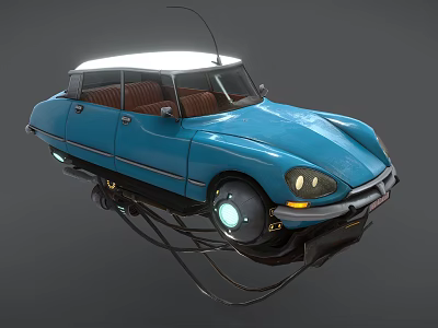 The Blue Floating Car with White Roof Brown Seats and Glowing Wheels 3d model