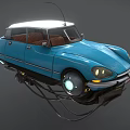 The Blue Floating Car with White Roof Brown Seats and Glowing Wheels