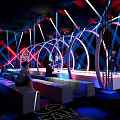 Tobacco and Liquor Store Interior With Arched Structures Colorful Lighting and Customers