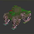 Old Rusty Green Mechanical Tank Character With Four Legs And Tracks Structure Design 3d model