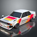 Toyota RSC White Race Car With Red And Yellow Stripes And Sponsor Logos