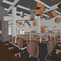 Industrial Style Café Interior With Dark Wooden Tables Geometric Pendant Lights And Bar Counter