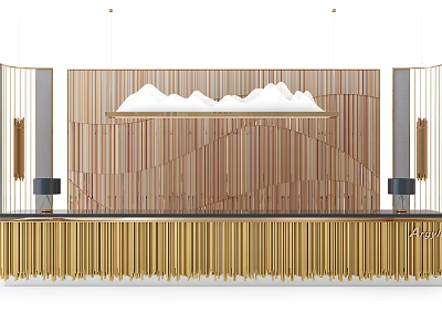 Modern Reception Desk With Wooden Striped Wall Golden Accents And White Mountain Decor 3d model
