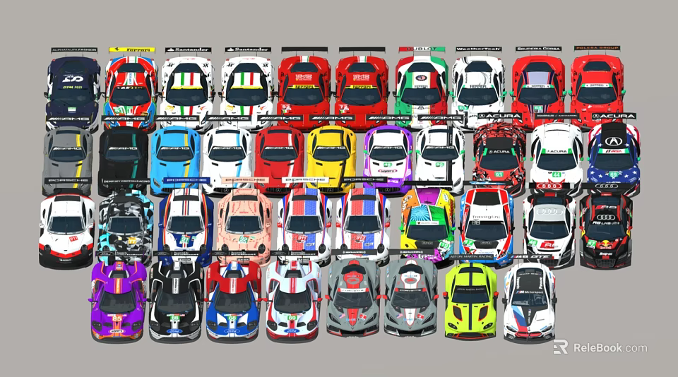 Colorful Race Car Models Arranged Neatly In Multiple Rows 3d model
