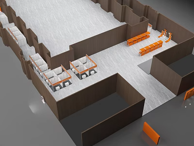 Modern Indoor Space Layout With Wooden Partitions And Orange Seating Elements 3d model
