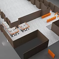 Modern Indoor Space Layout With Wooden Partitions And Orange Seating Elements 3d model