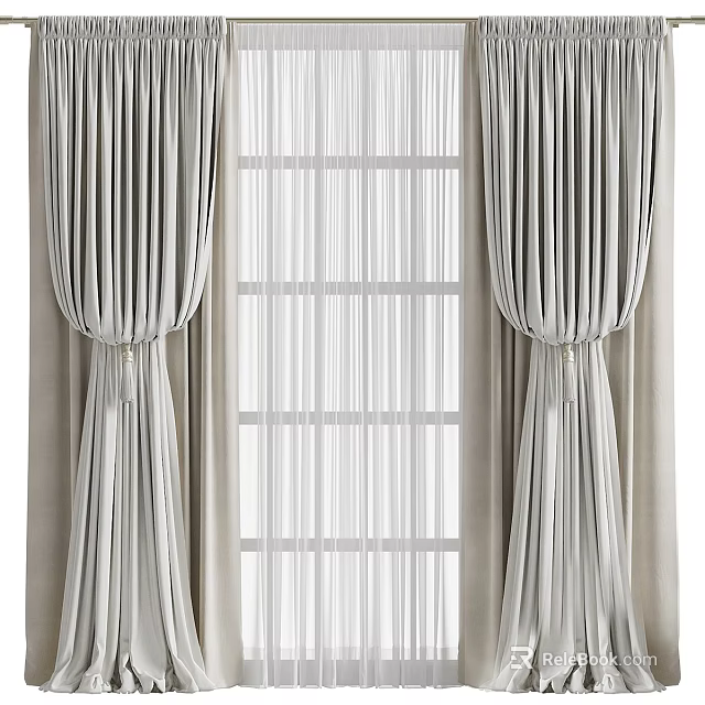 Light Filtering Gray Curtains With Sheer Panel And Pleated Top For Window Decoration 3d model 