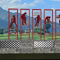 Red Frames Sculpture With Farming Human Silhouettes And Mountain Field Background 3d model