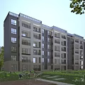Modern Multi Storey Residential Building With Greenery Outdoor Space And Evening Lights