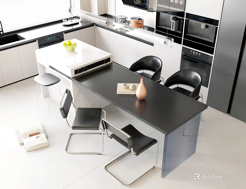 Modern Kitchen Dining Table Set With Black Countertop Metal Chairs And Island 3d model 