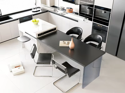 Modern Kitchen Dining Table Set With Black Countertop Metal Chairs And Island 3d model