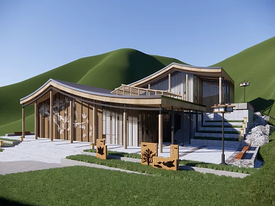 Modern Wooden Mountain Lodge with Large Windows Open Terrace and Green Hillside View 3d model
