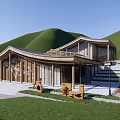 Modern Wooden Mountain Lodge with Large Windows Open Terrace and Green Hillside View