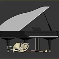 Black Grand Piano With Brass Instruments Violin And Music Stand Setup