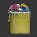 Yellow Cake With Dripping White Frosting Topped With Pink Roses Yellow And Blue Flowers